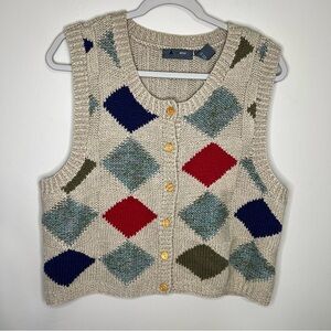 Vintage Lizwear Argyle Button Front Linen Blend Sweater Vest size medium